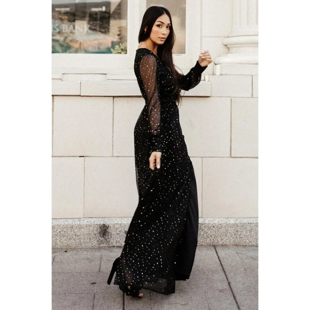 Baltic Born Abigail Sparkle Gown Black Gold Sequins Semi Sheer V Neck Medium New - Picture 2 of 14